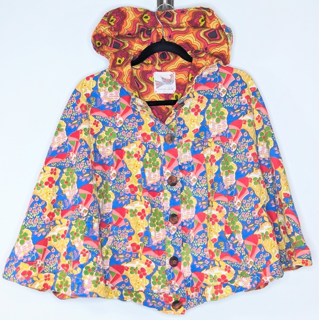 Inner Child Flower Print Convertible Hooded Poncho Cape Jacket Blue Yellow XS S