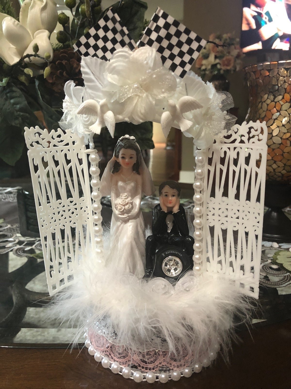 Custom racing wedding cake topper