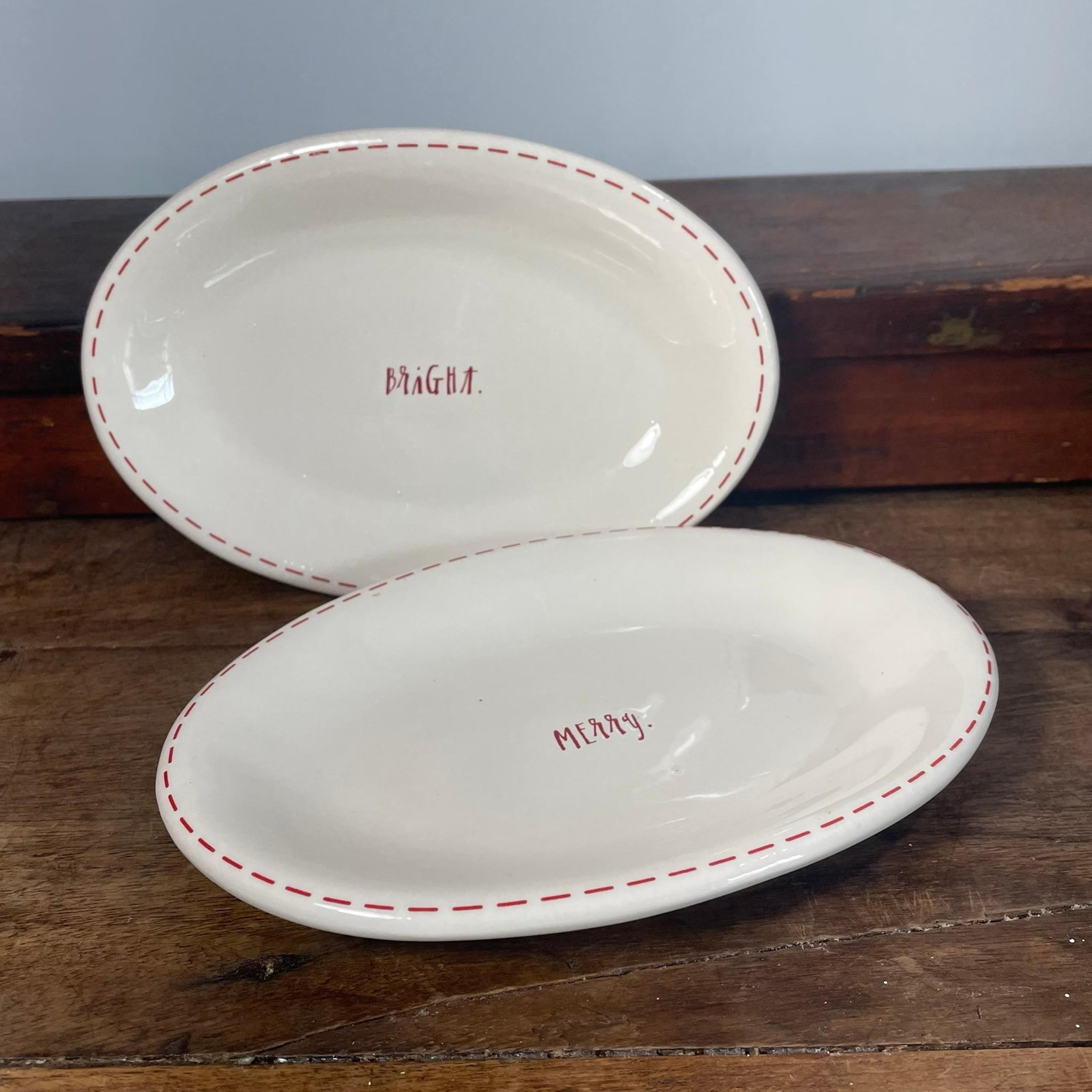 Rae Dunn White oval ceramic appetizer plates Merry & Bright holiday Christmas