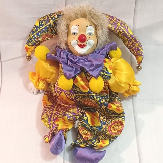 Vintage 10'' Mardi Gras Jester Doll Porcelain Head Clown Figure