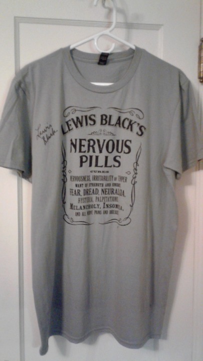 SIGNED Lewis Black Nervous Pills grey cotton t-shirt NWOT New! (Ladies Large)