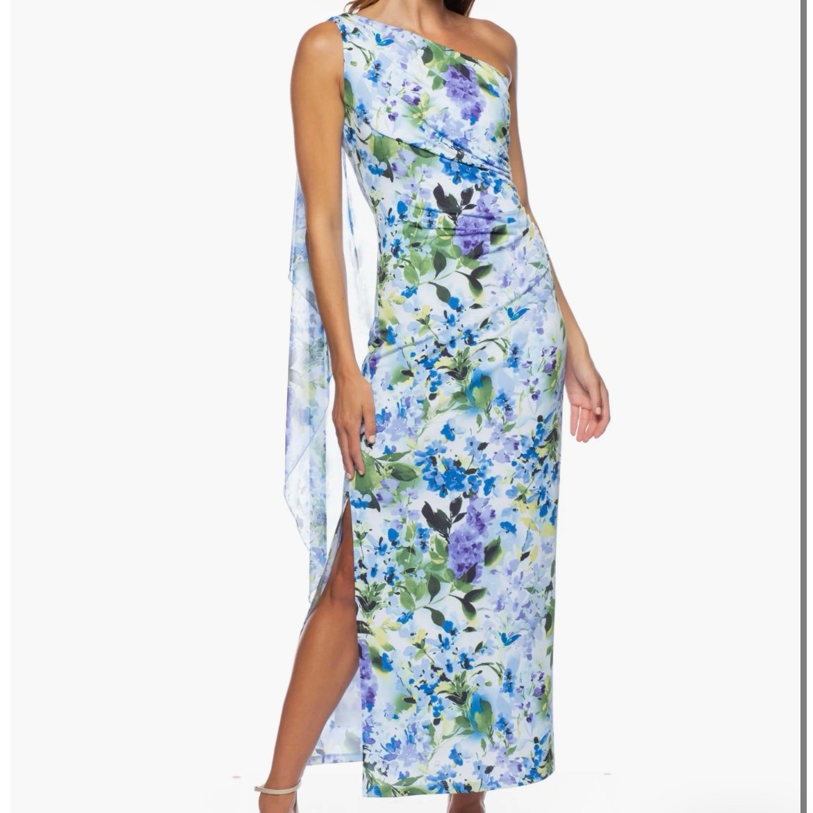 NWT Sz 16 Marina (Nordstroms) Blue Floral One Shoulder Dress (169)