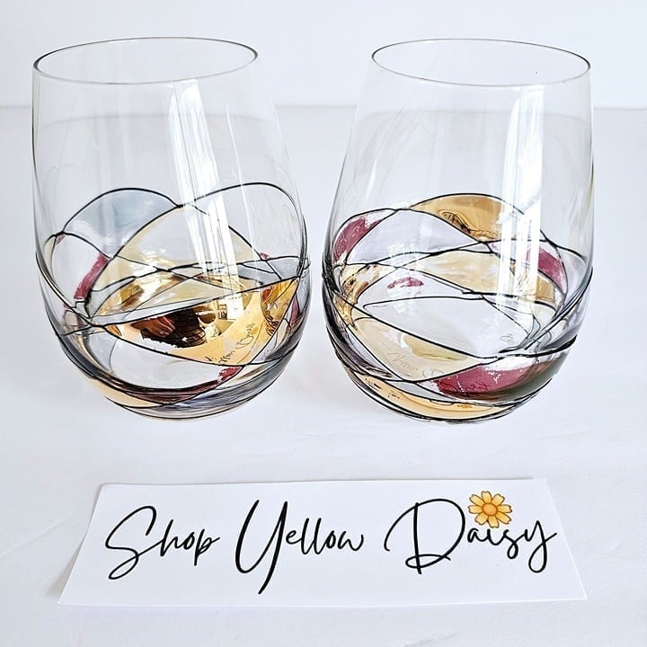 Cornet Sagrada Stemless Wine Glasses Set Of 2 Handblown Handpainted Gold~F191.2