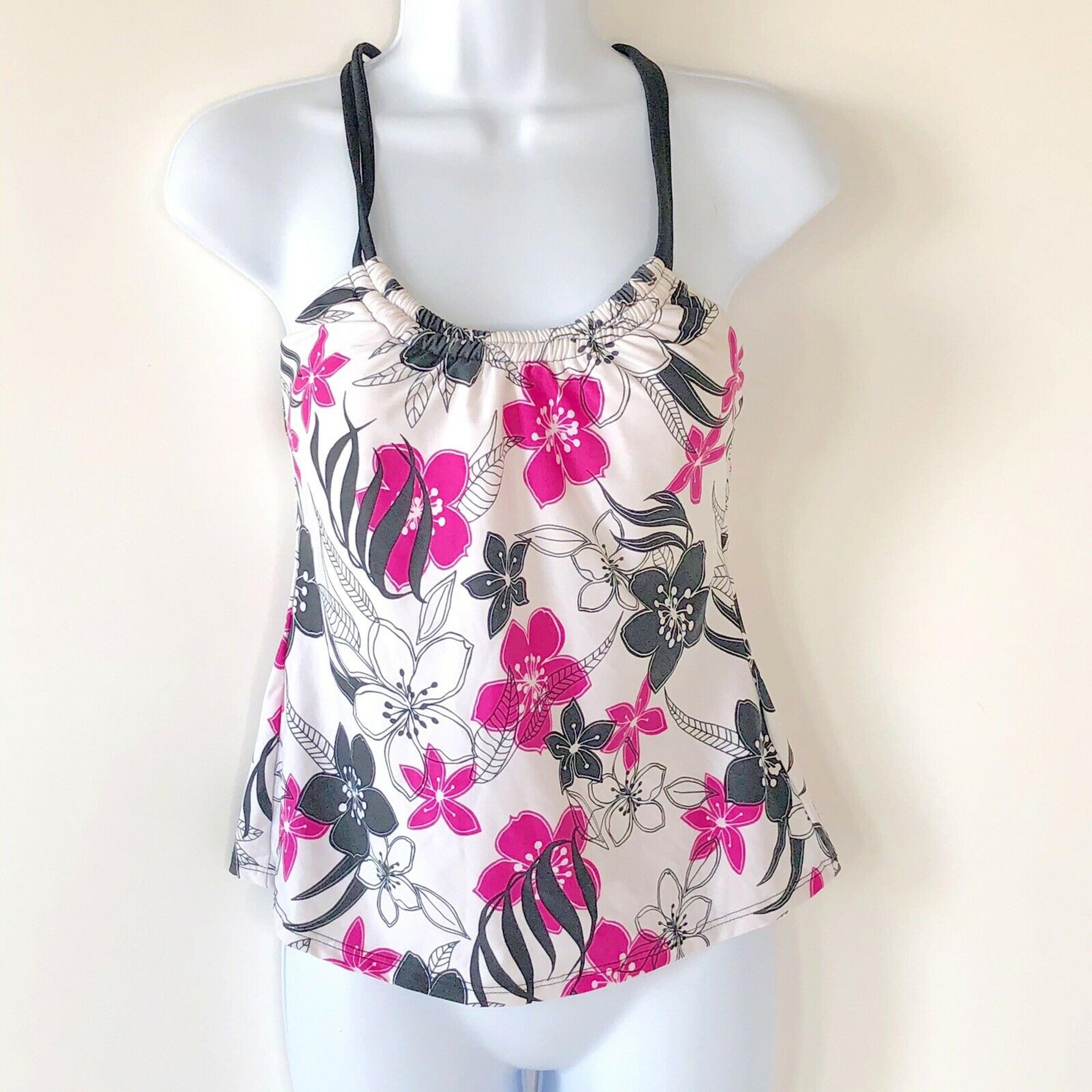 Athena Women’s Tankini Swim Top size extra small XS black pink and white Floral