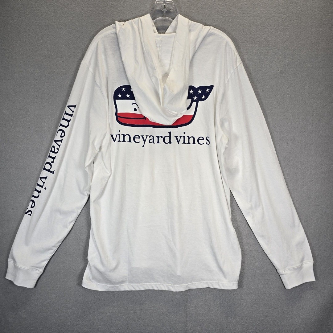 Vineyard Vines Men's LARGE White Long Sleeve Hoodie Tee Shirt PATRIOT WHALE