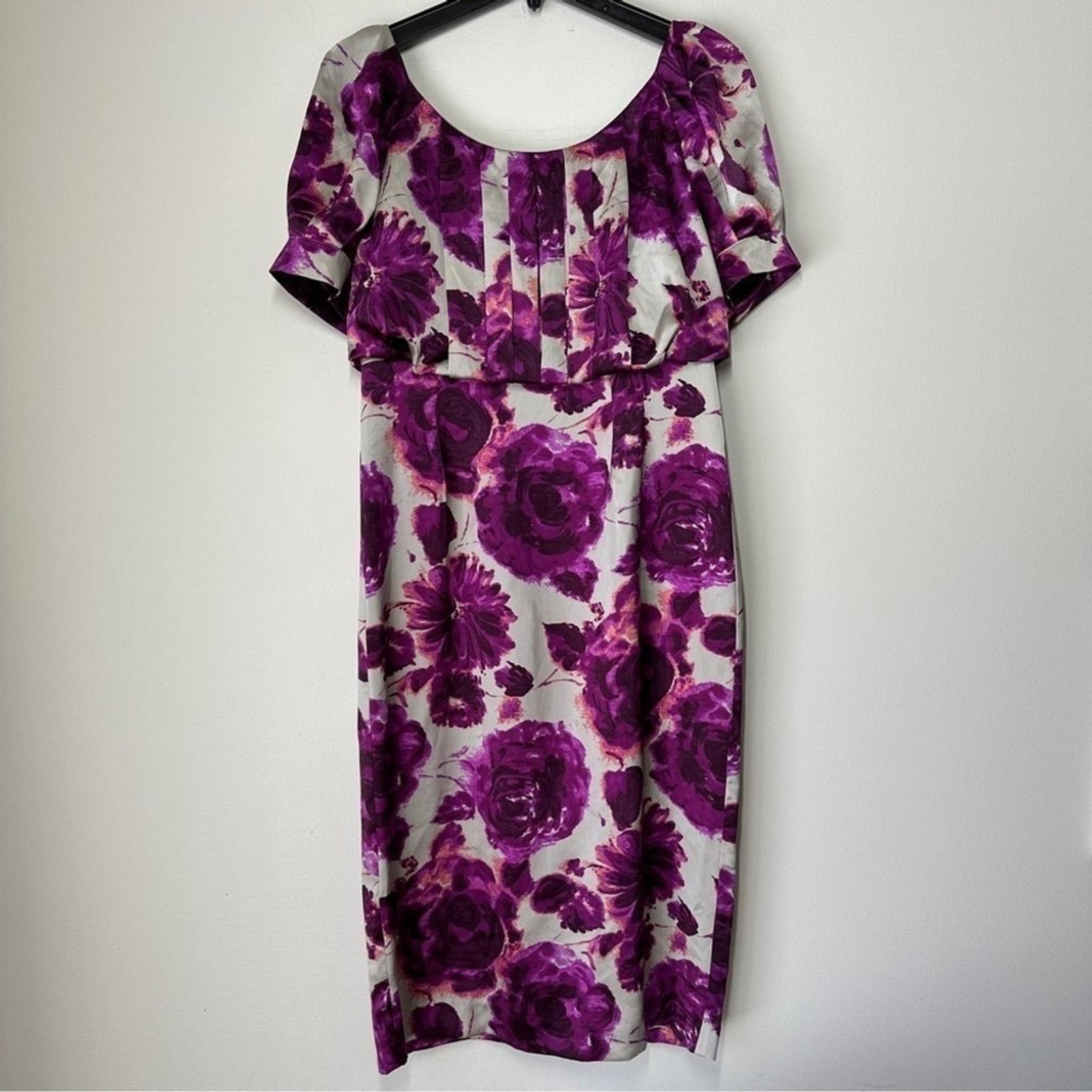 100% Silk, lined Tea Dress size 10 Floral Purple - Moda International