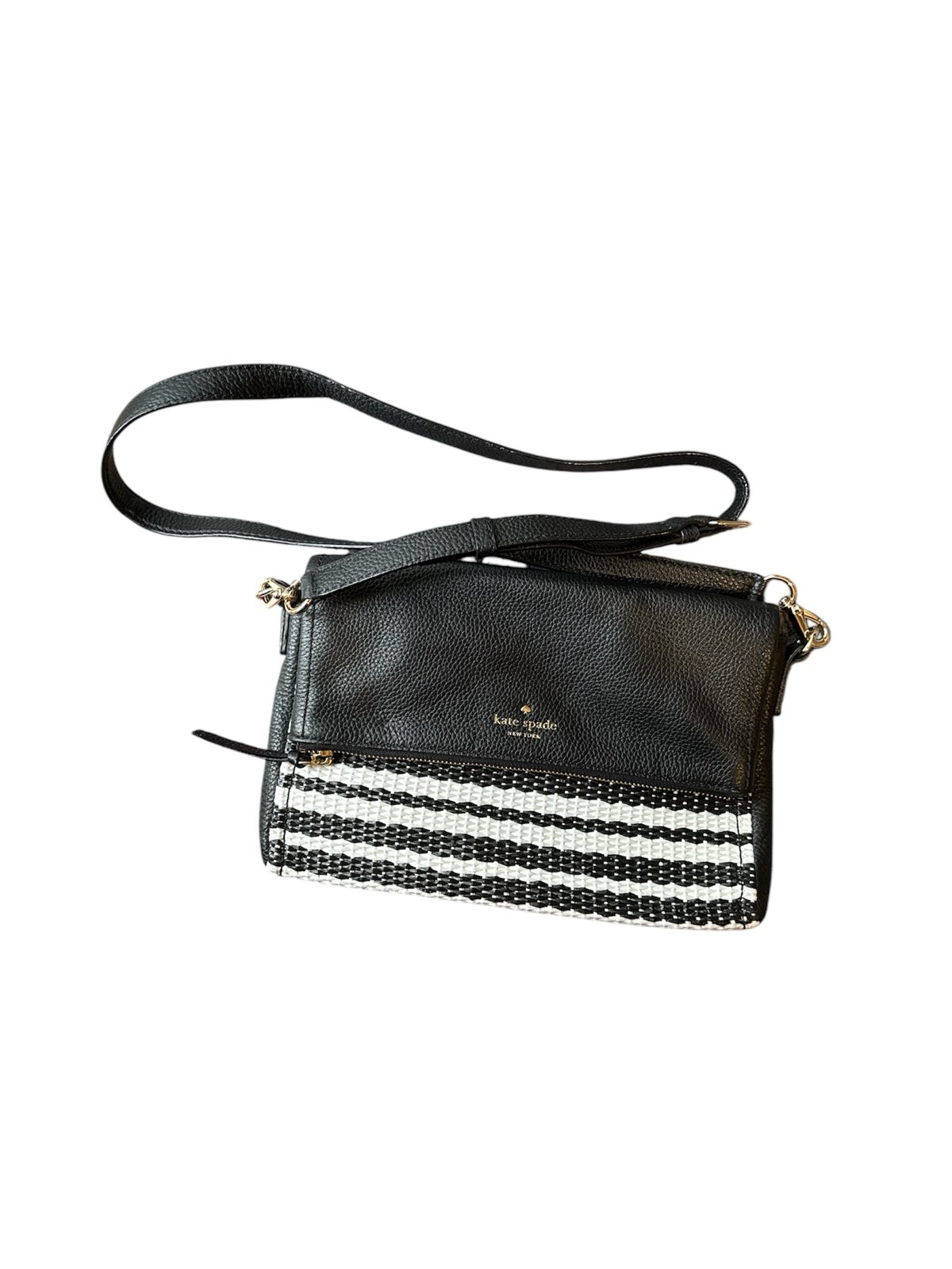 KATE SPADE Leather & Straw, Black & White Small Fold-Over Crossbody