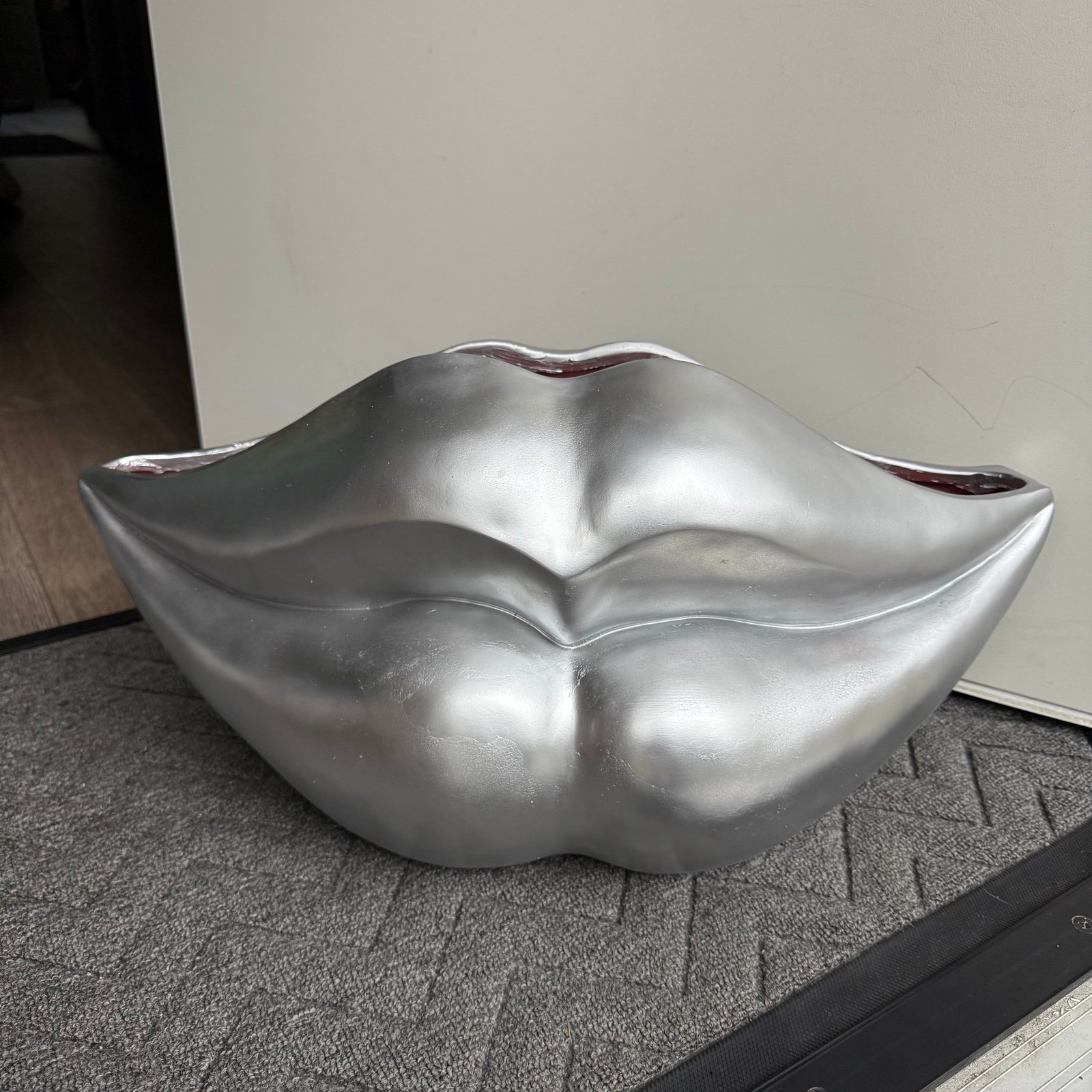 HUGE JUMBO Oversized Silver Valentines Heavy Kiss Lips Home Decor Bin Container