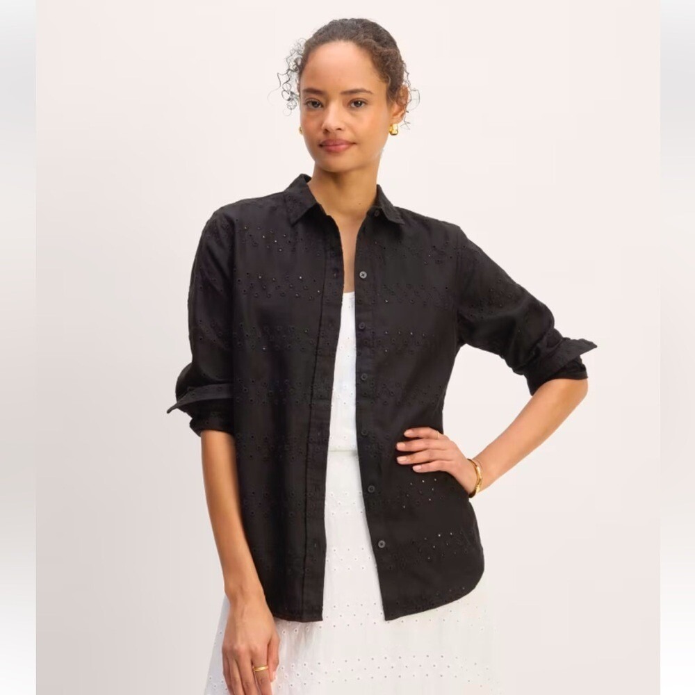 Everlane The Linen Eyelet Relaxed Long Sleeve Button Down Shirt in Black Sz 6