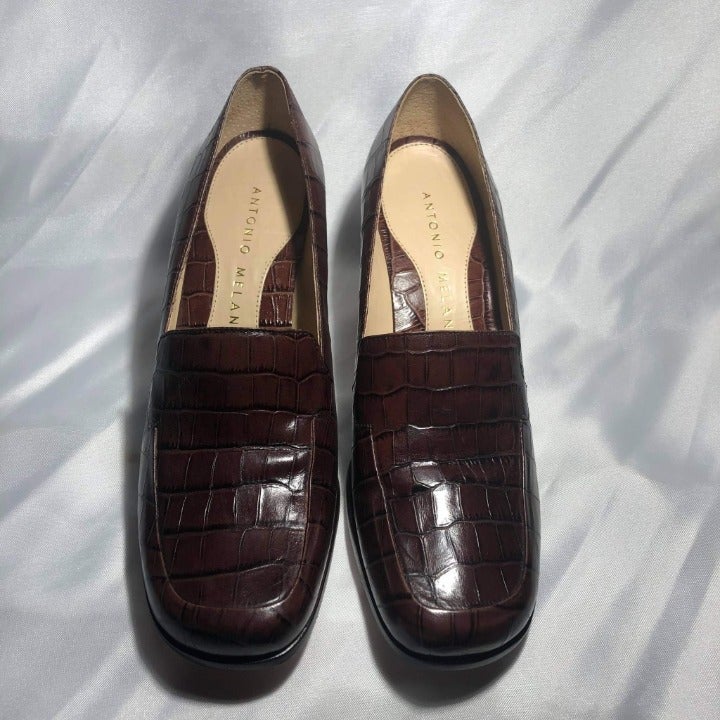 Antonio Melani Brown Leather Croc Design Block Heel For Women Size 9.5