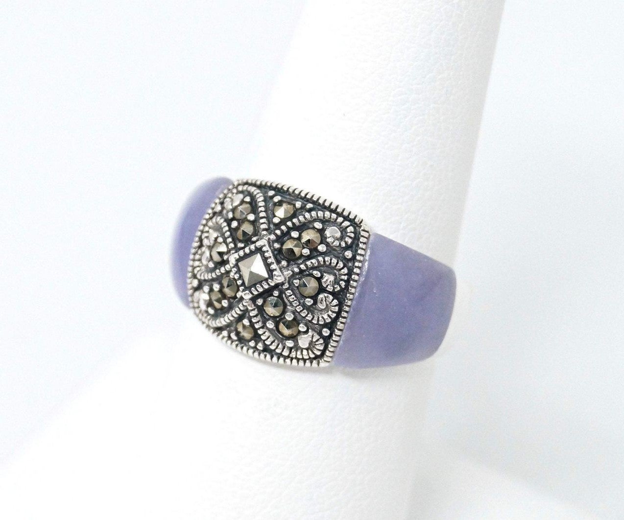 VTG 925 MARCASITE PURPLE JADE RING SZ 6