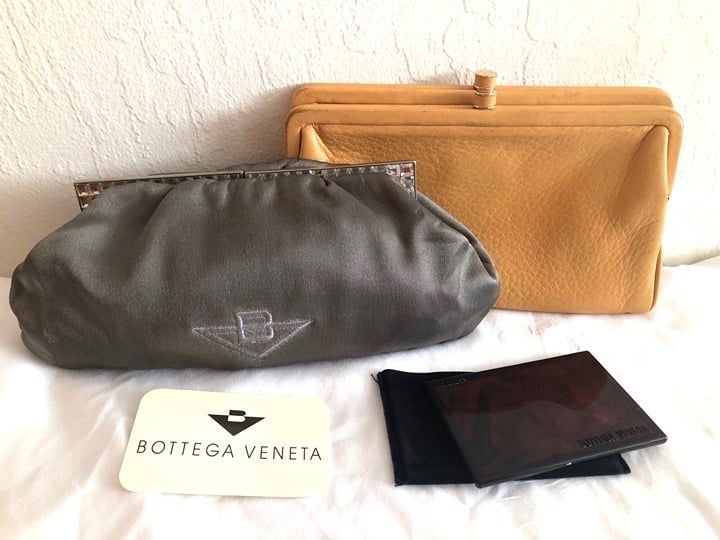 BOTTEGA VENETA Silver Crystal-Embellished Nylon Clutch & Beige Leather Clutch