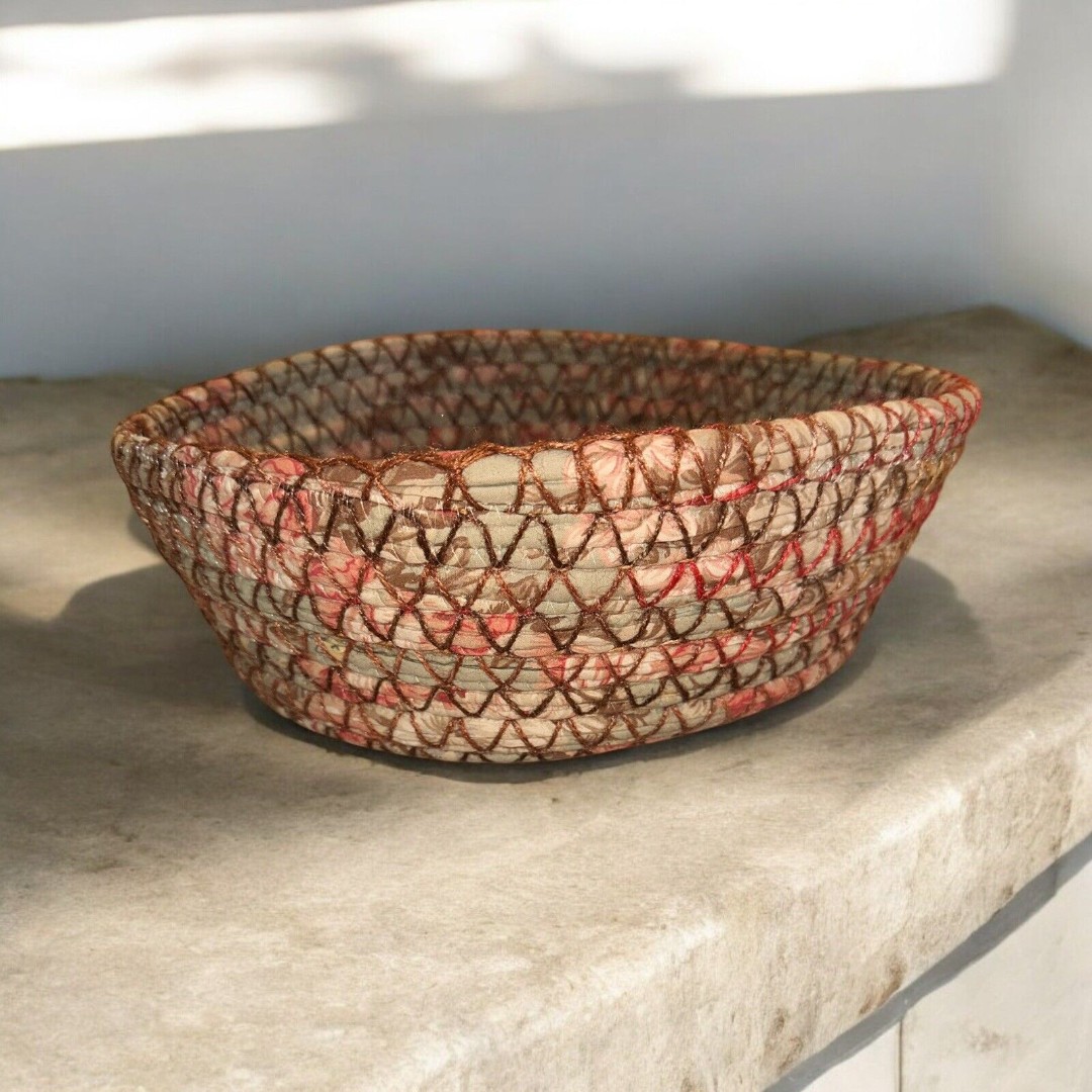 Vintage Hand Woven Material Large Floral Boho Basket Beautiful