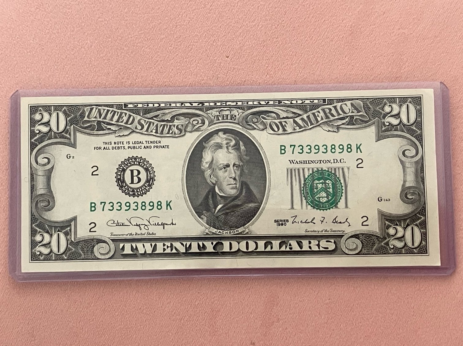20 twenty dollar bill AU excellent condition circa 1990 rare, collectible note.