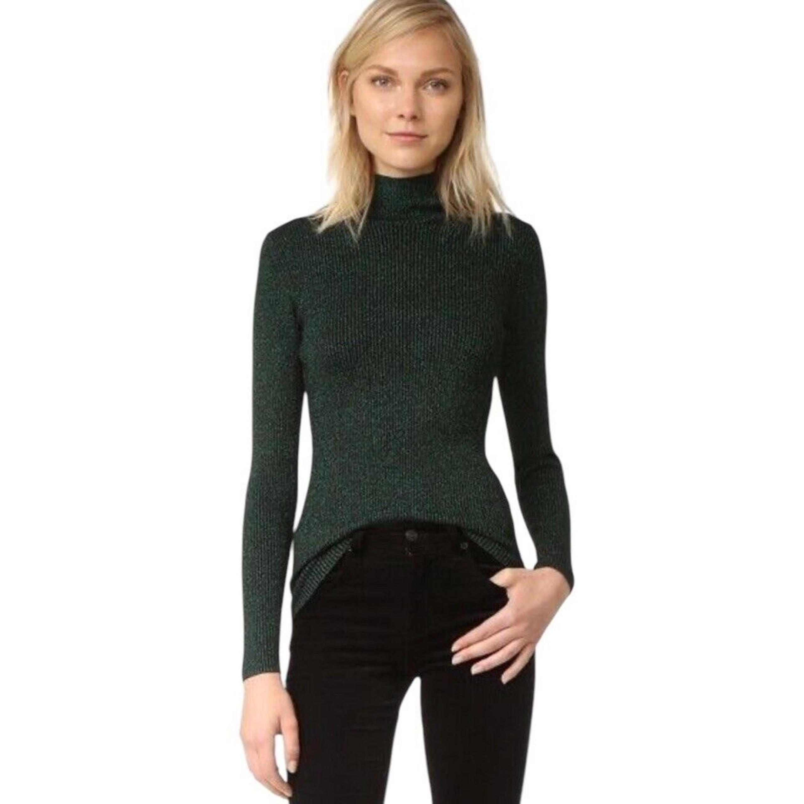 DVF Diane Von Furstenberg Mock Neck Sweater M Green Metallic Merino Wool Blend