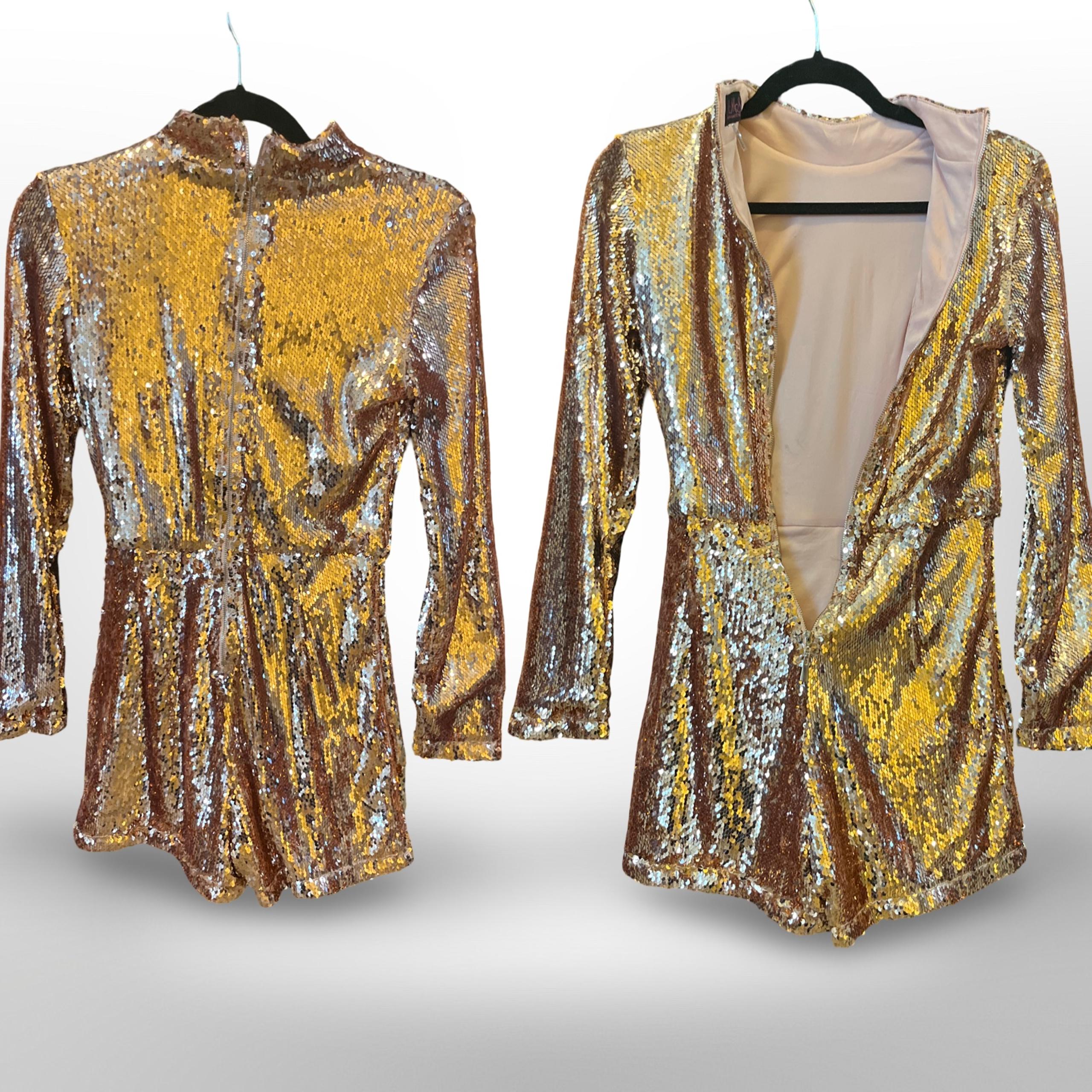 Hot Miami Styles Gold Sequin Romper – Long Sleeve, Zip Front