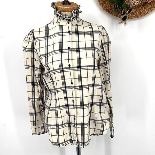 Lauren Ralph Lauren Victorian Neck Flannel Plaid Shirt Cream Black L