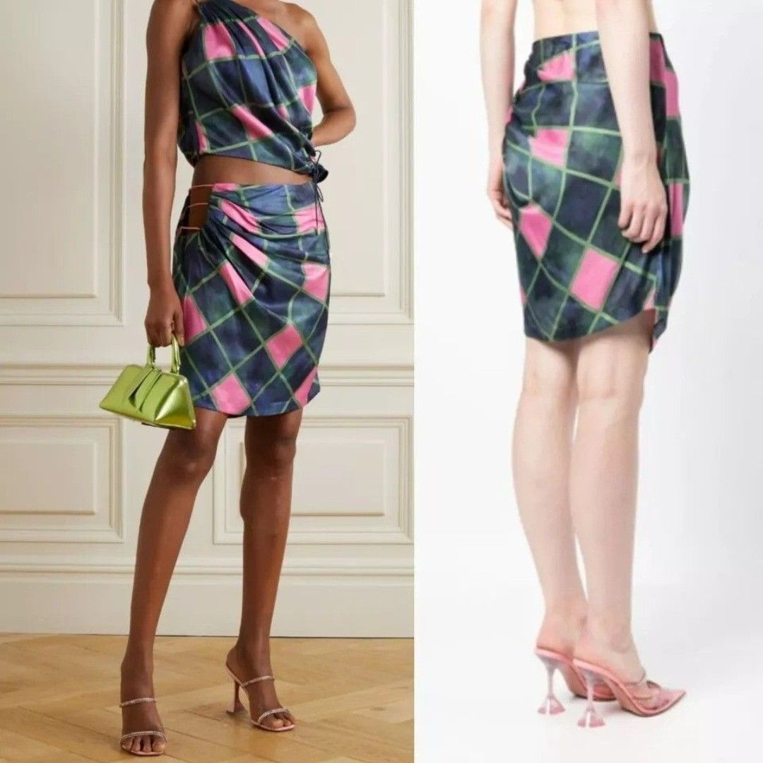 NEW Ahluwalia Patel Cutout Draped Printed Matte Satin Mini Skirt Pink Green