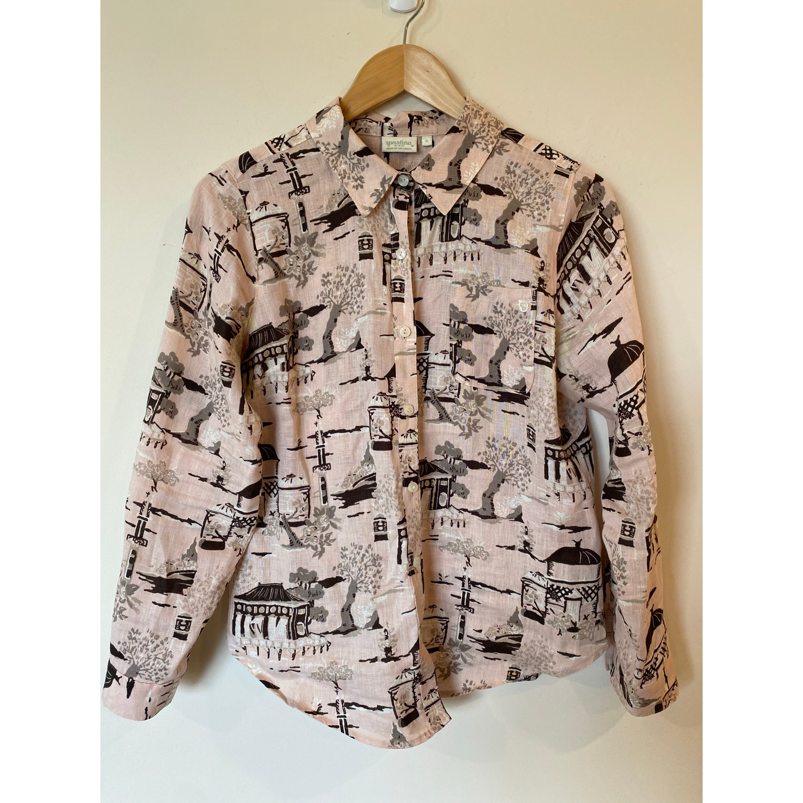 Spartina 499 Asian-Inspired Scenic Print Button Up Shirt Pink Women's Size Small