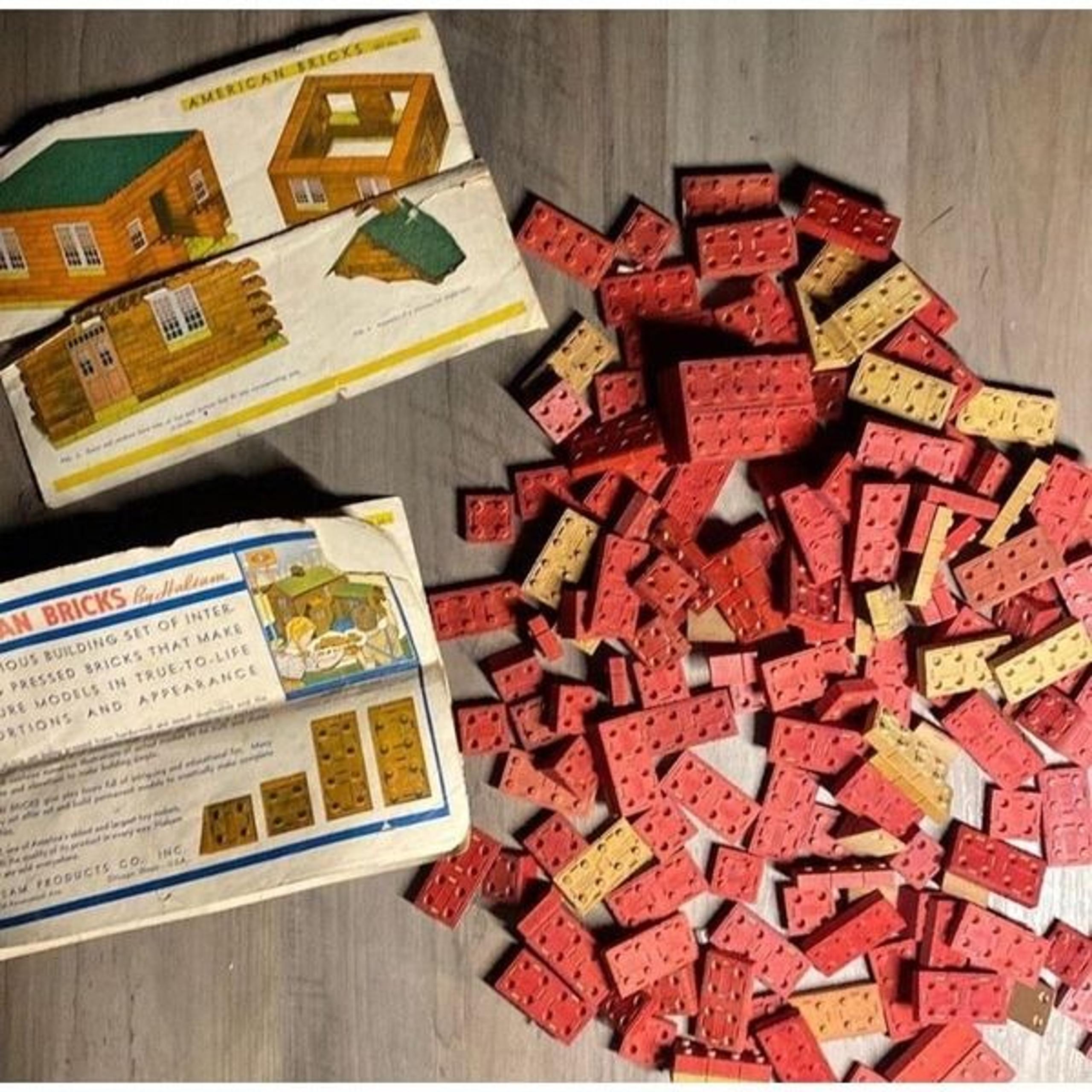 Vintage MCM wooden American Bricks Set with manuals antique toys eco friendly