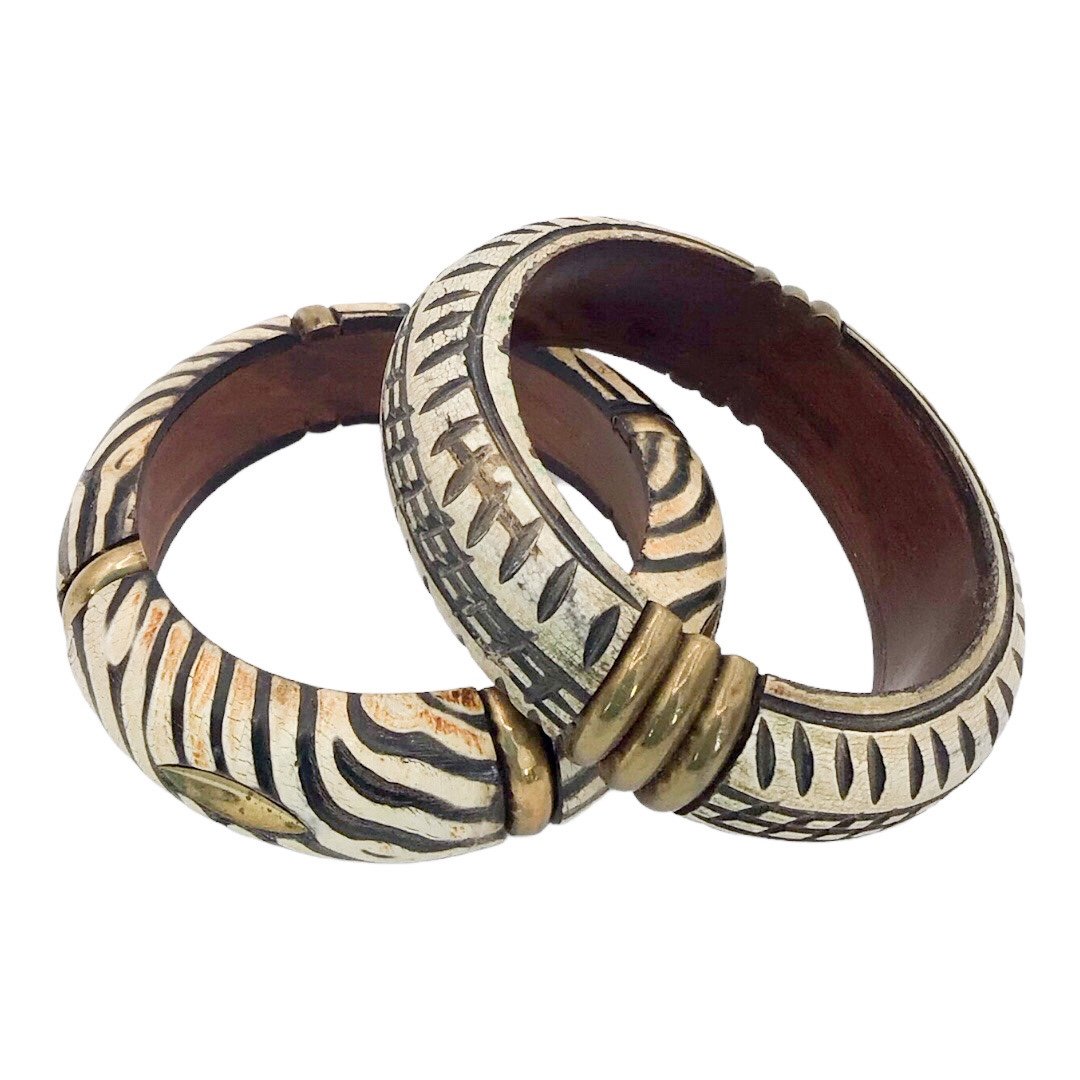 Vintage Handcarved & Painted Wooden Bangle Bracelets