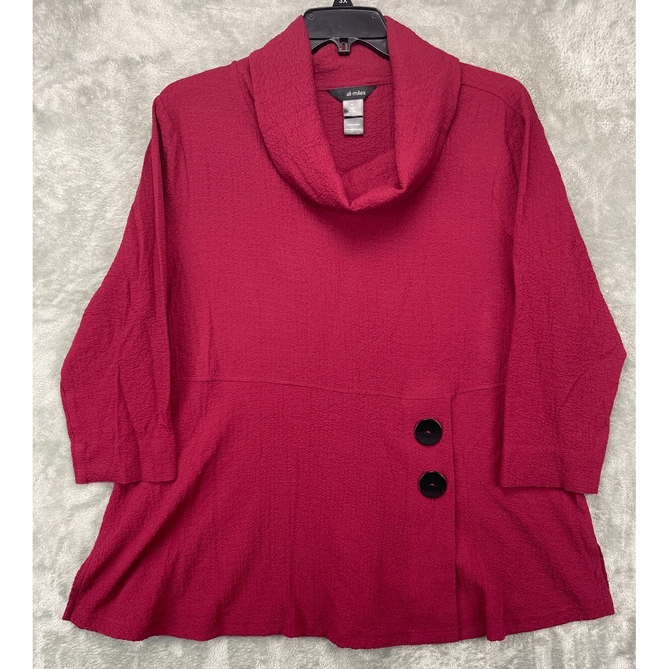 Ali Miles Women's Tunic XL Red Cowl Neck Crinkle 3/4 Sleeve Buttons