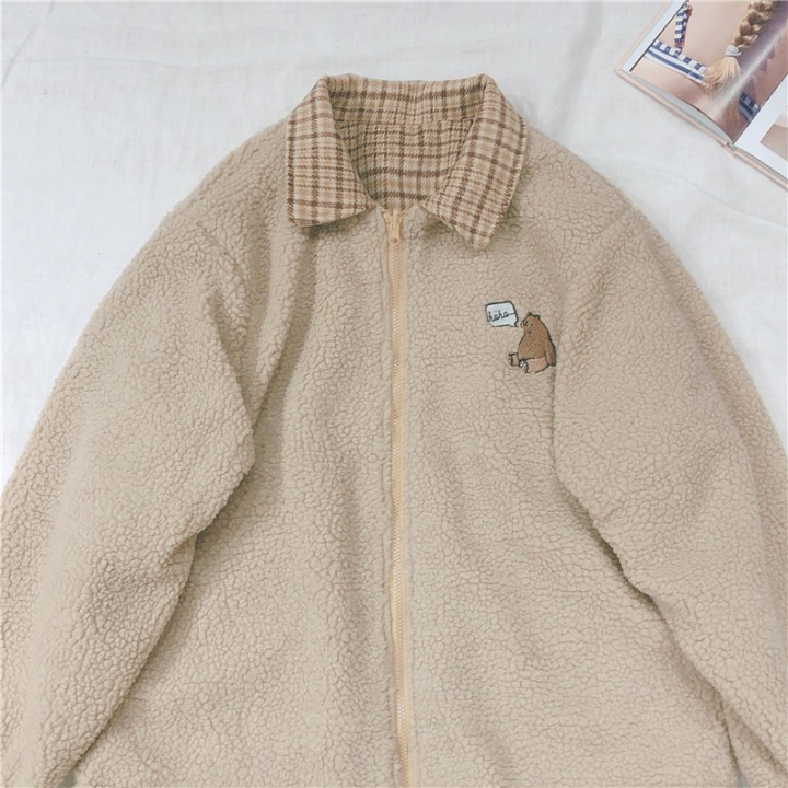 Lamb wool Coat Bear Embroidery Cute Wome