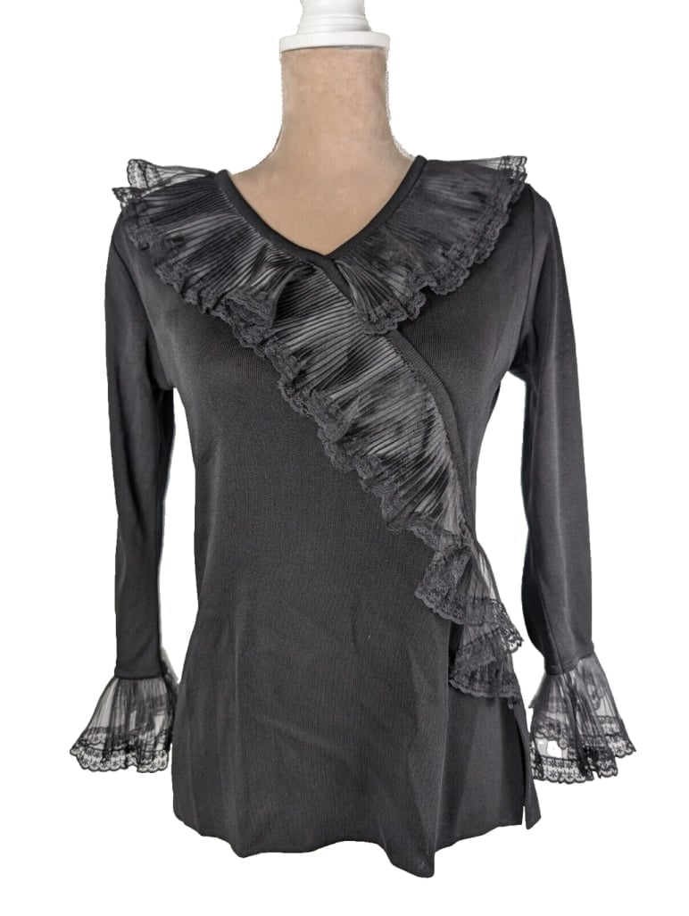 Exclusively Misook Pleated Ruffle Trim Black Faux Wrap Top Goth Grunge XS