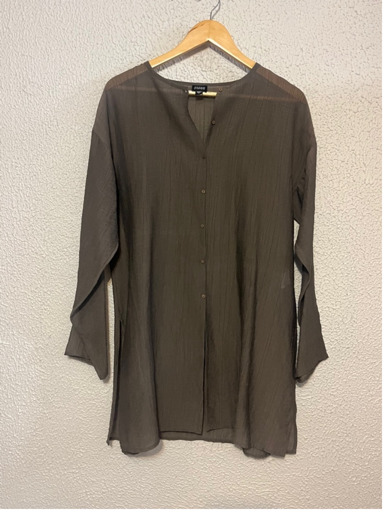 NWOT Eileen Fisher Brown Button Down Quiet Luxury See Through Tunic Sz Medium