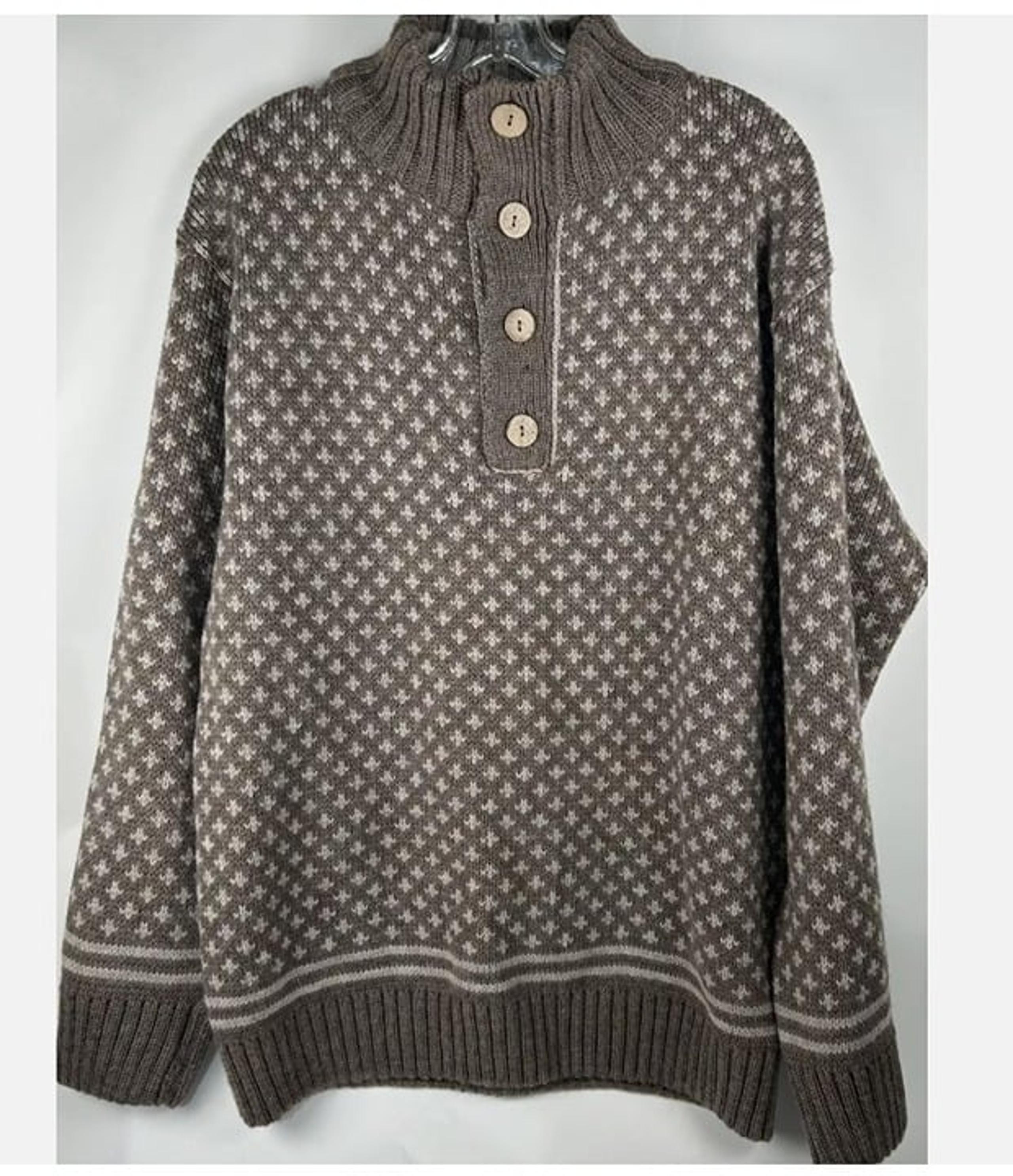 Peregrine Taupe 100% Wool 1/4 Button Cable Knit Sweater Mens XXL Fleur De Lis