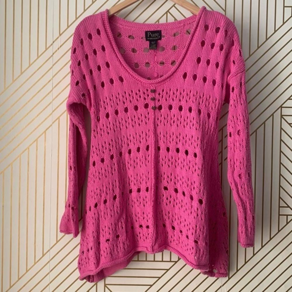 Pure Handknit cotton bell sleeve Open Knit Crochet Sweater Asymmetrical Hem XS/S
