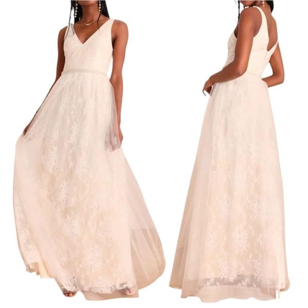 Lulu's Sweet Love Ivory Floral Lace Beaded Cottagecore Boho Maxi Dress Medium