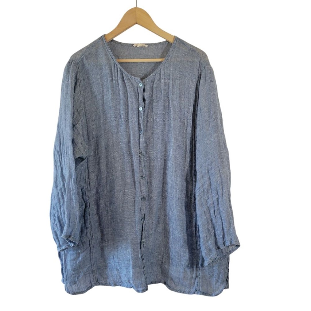 EILEEN FISHER Blue 100% Linen Button Front LS Tunic 1X Pocket Neutral Lagenlook