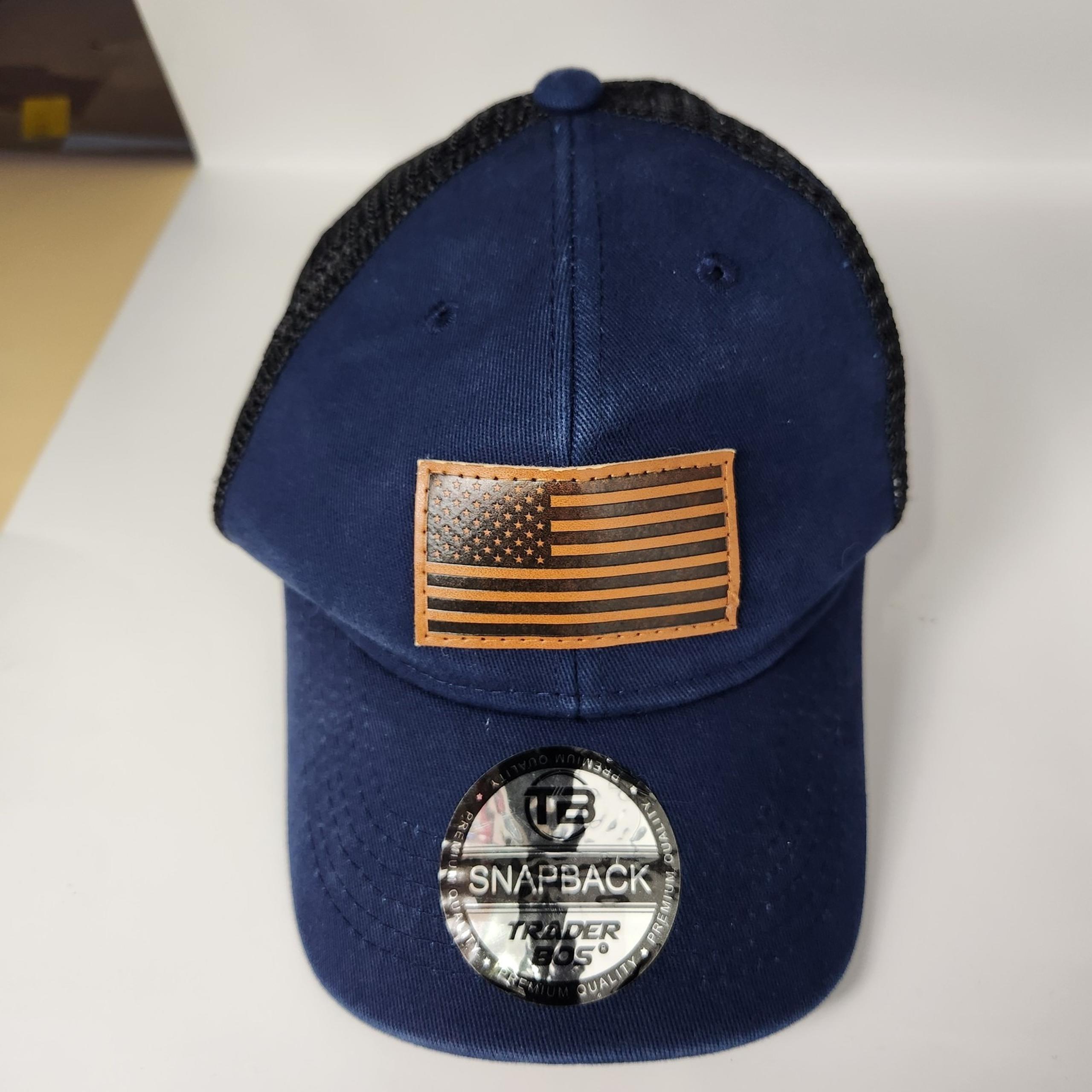 TRADER BOS Hat Cap Snap Back Blue Black Mesh Trucker Patch American Flag Mens