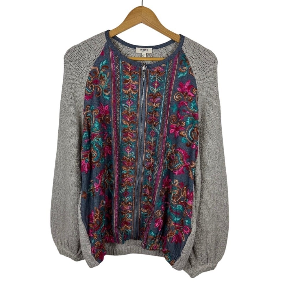 Umgee Floral Embroidered Zip Up Jacket Sz S Sweater Bohemian Textured Knit Gray
