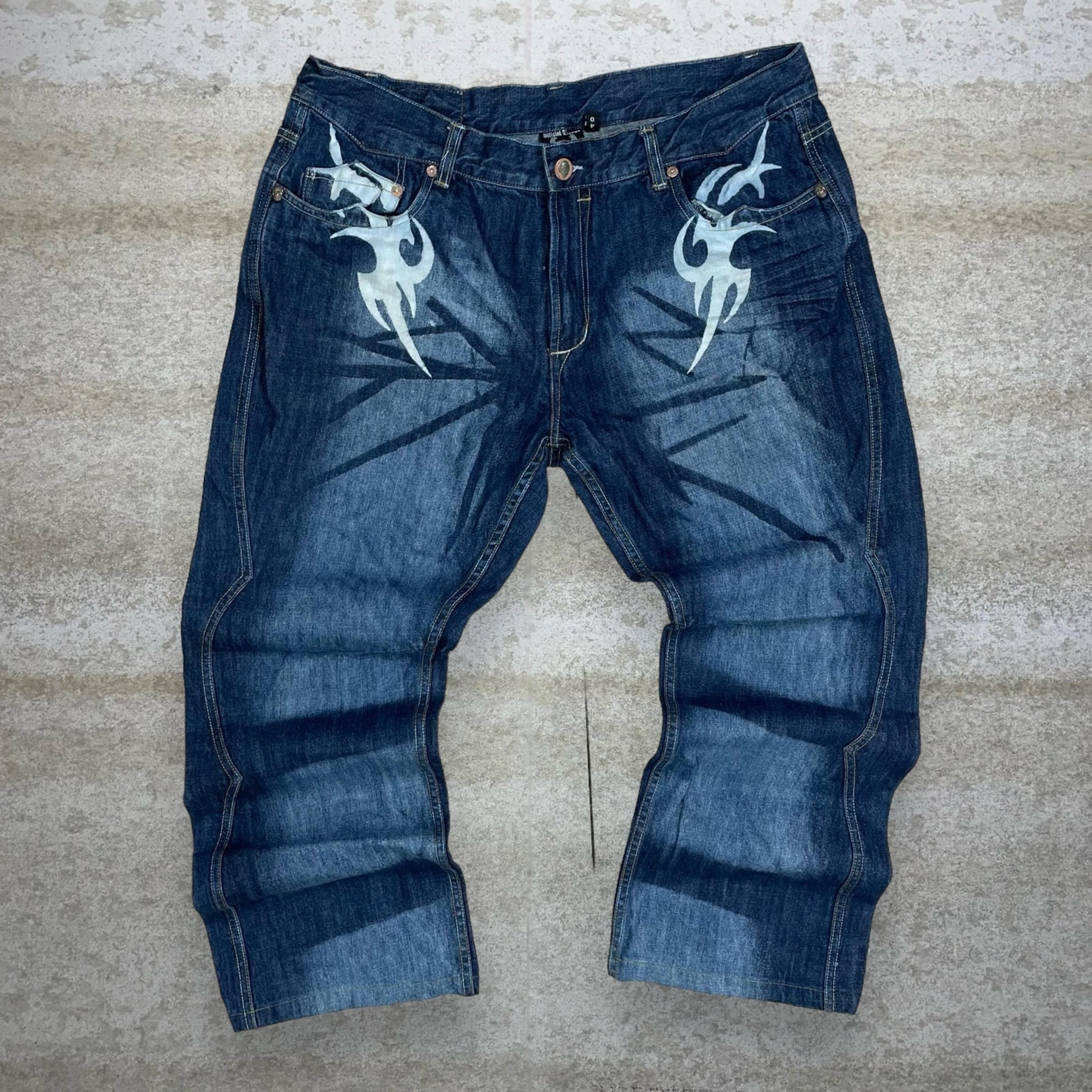 Vintage Skater Wide Leg Jeans Ink Sinners Dark Wash Baggy Denim Rap Art Y2K