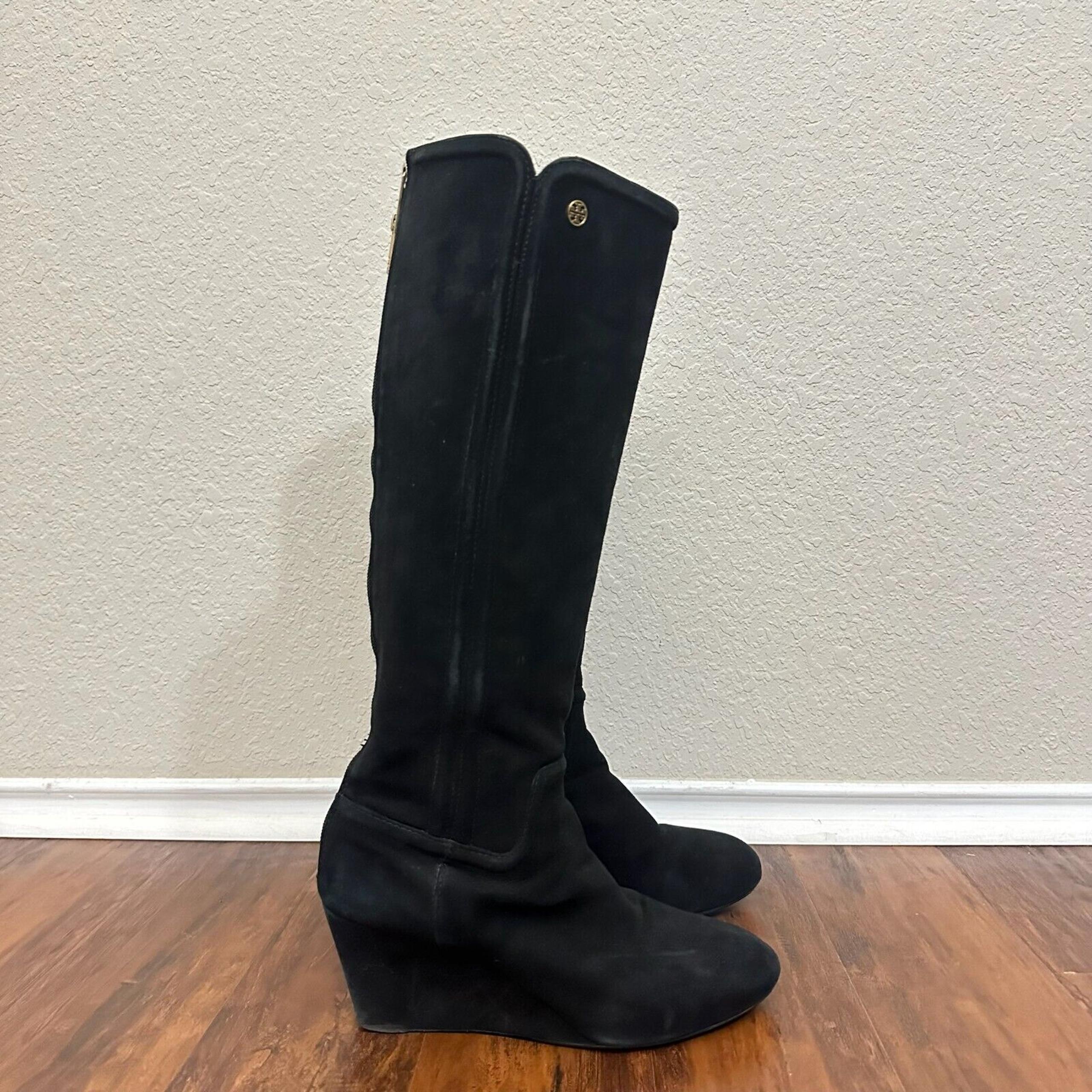 TORY BURCH Irene Wedged Boots Knee-High Black Suede Round Toe Rear Zip