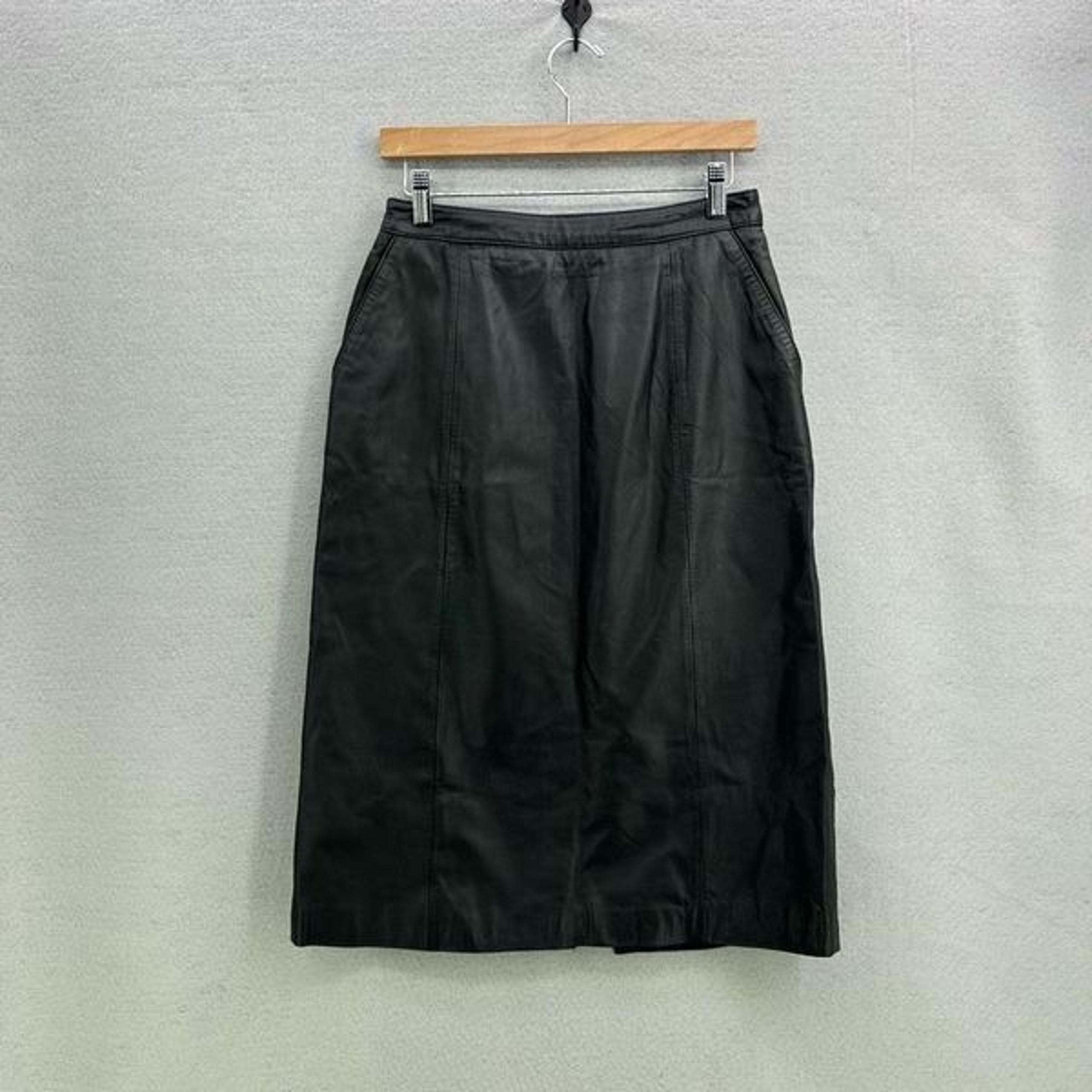 Vintage Bermans Womens Black High Waist Straight Genuine Leather Skirt Size 8