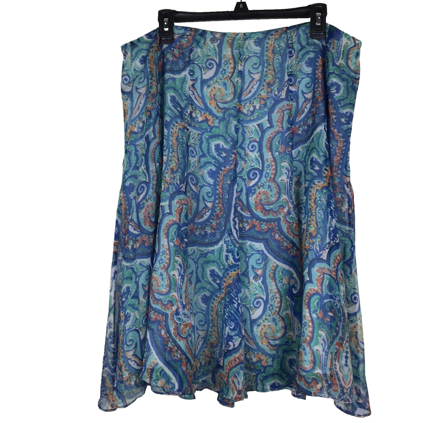 Lauren Ralph Lauren Blue Paisley Skirt Orange Teal Flowing Lined Size 16