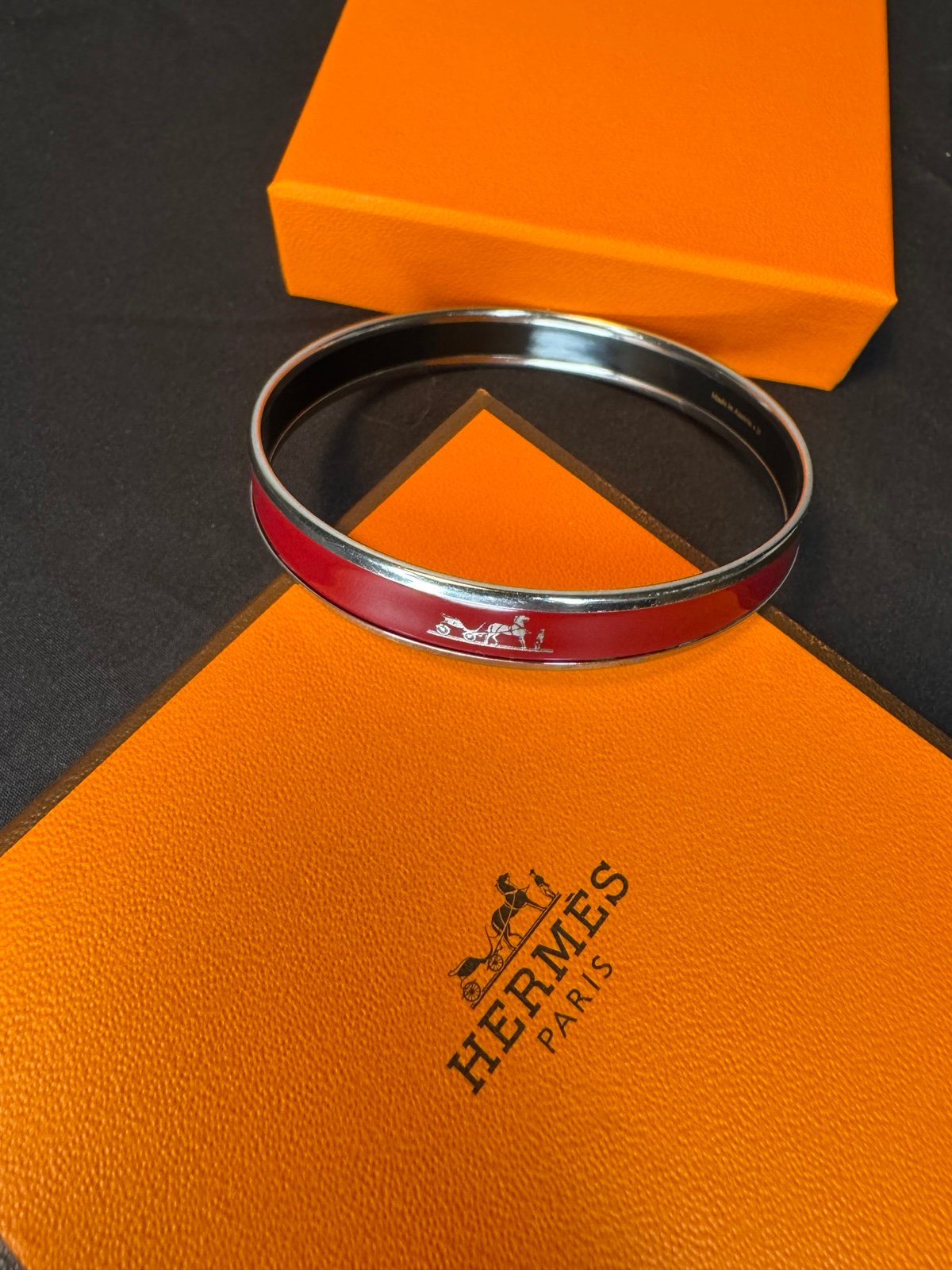 HERMES Paris Red & Silver Bangle Bracelet w/Box