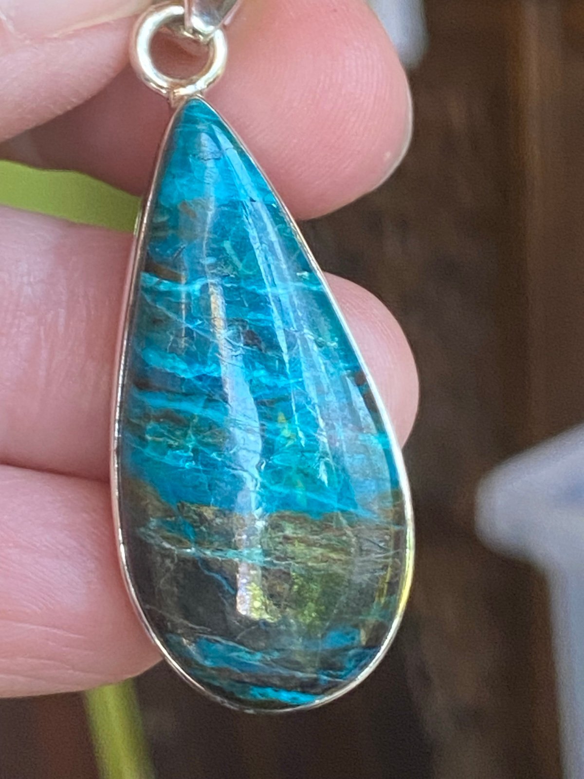 Shattuckite Teardrop Pendant Chunky Sterling Silver 925 Bezel Blue Copper