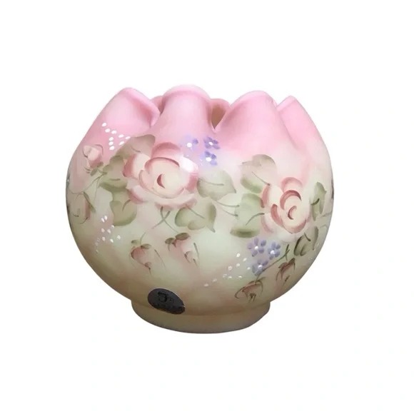 Fenton Burmese Diamond Optic Rose Bowl Hand Painted Signed