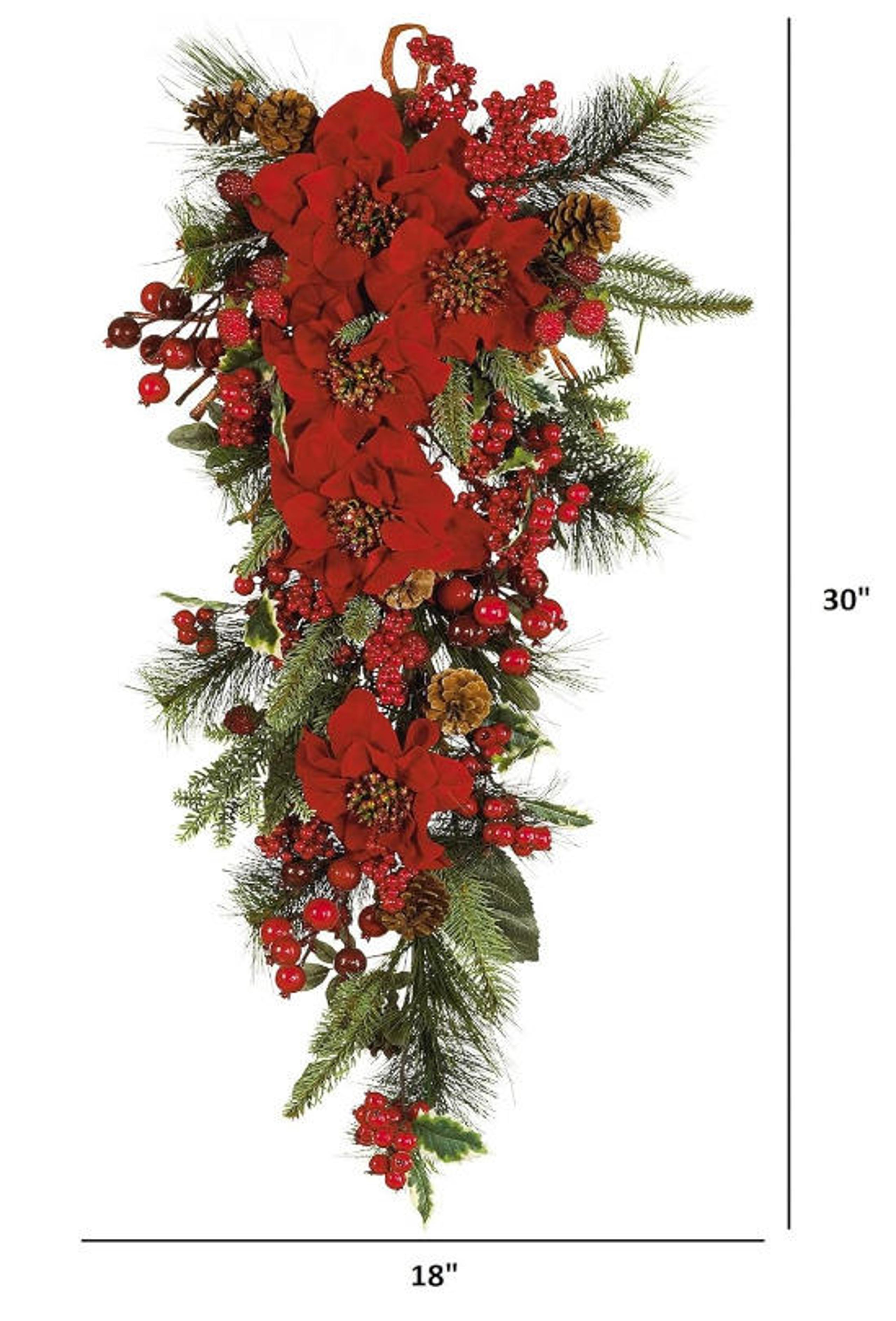 Nearly Natural 4656 Poinsettia Teardrop Wreath, Red/Green 30" x 18"