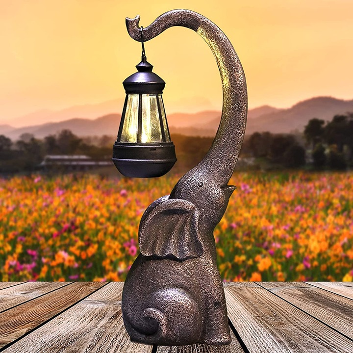 15 inch Outdoor Sculpture Figurine Statue Elephant with Solar Powered LED Lights