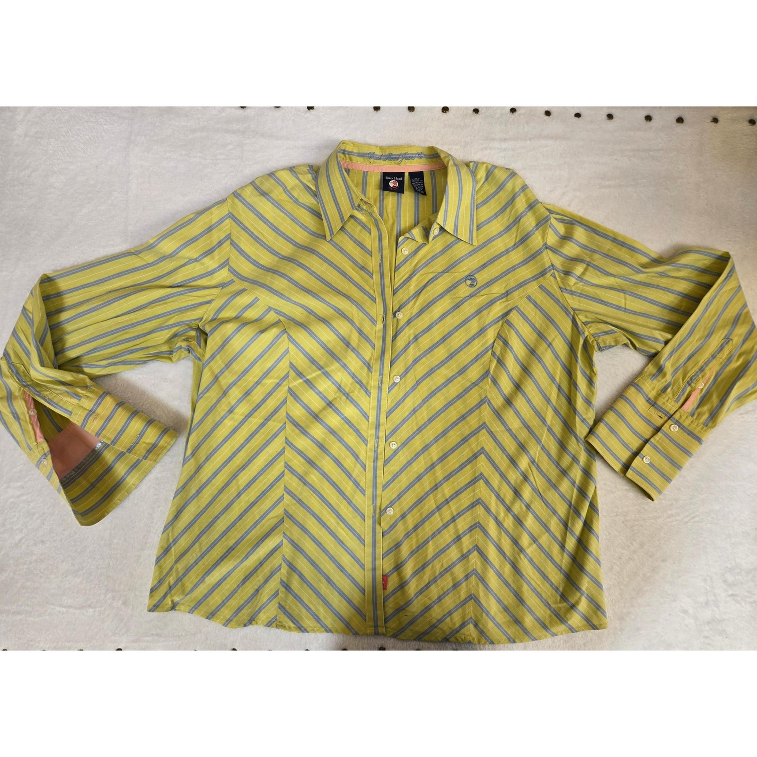 Duck Head womens Button Up Long Sleeve Shirt Size 2XL Yellow Striped Duck Logo