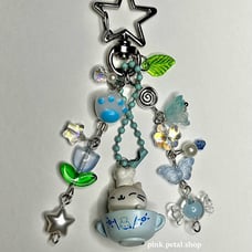 blue tea cup nyan nyan nyanko gotochi strap beaded keychain
