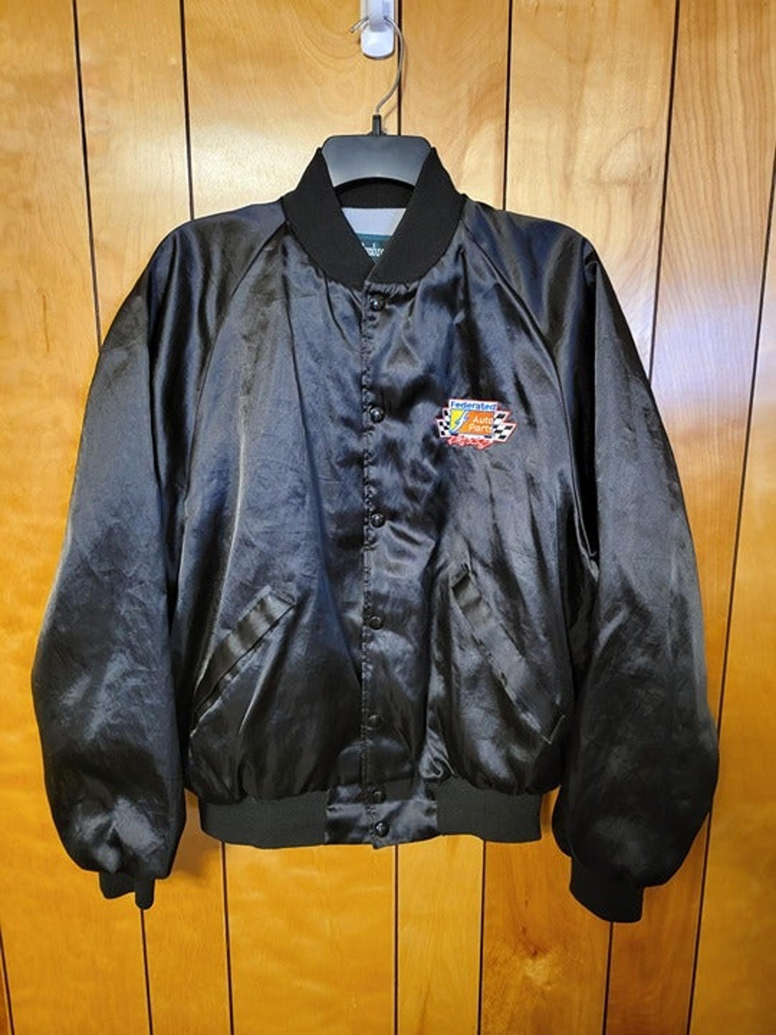 Vintage Federated Auto Parts Racing Jacket LARGE Snap Button BLACK Satin look A1