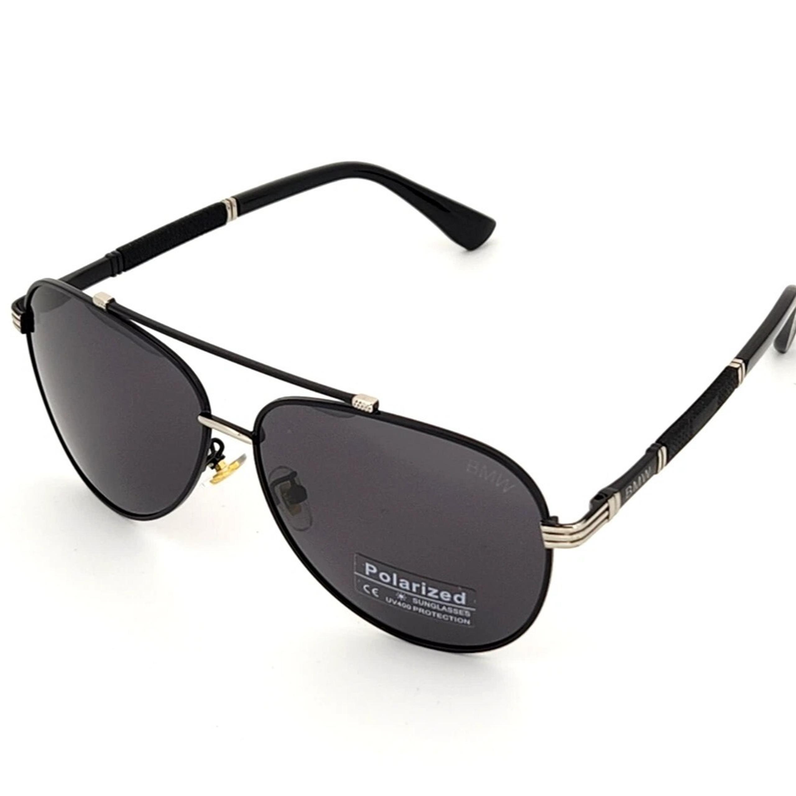 Polarized BMW Metal Aviator Sunglasses Black-Silver Smoke Lens Flex Arms BW6