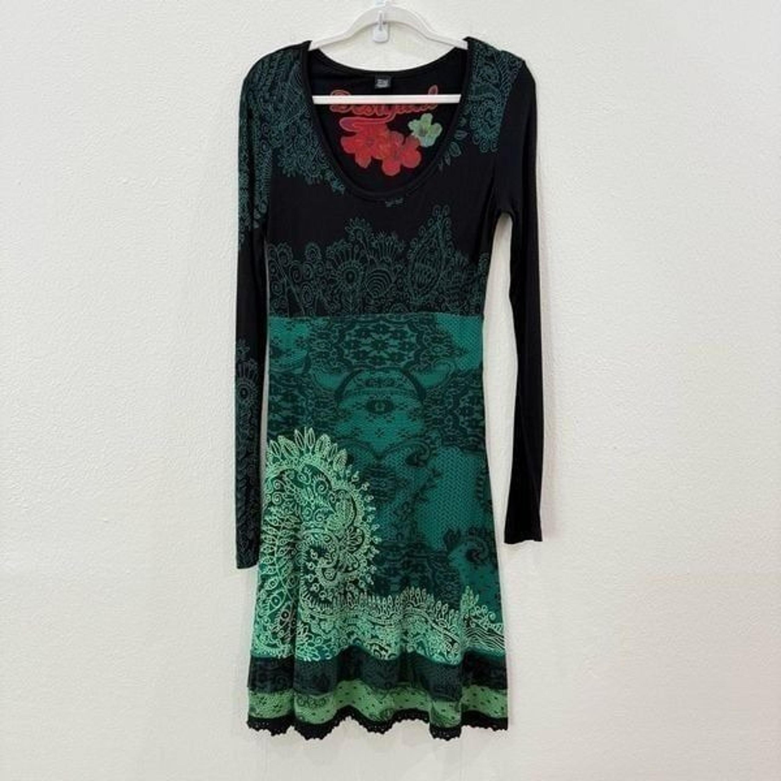 Desigual Women's Size Large Black Geometric Print Long Sleeve Midi Dress