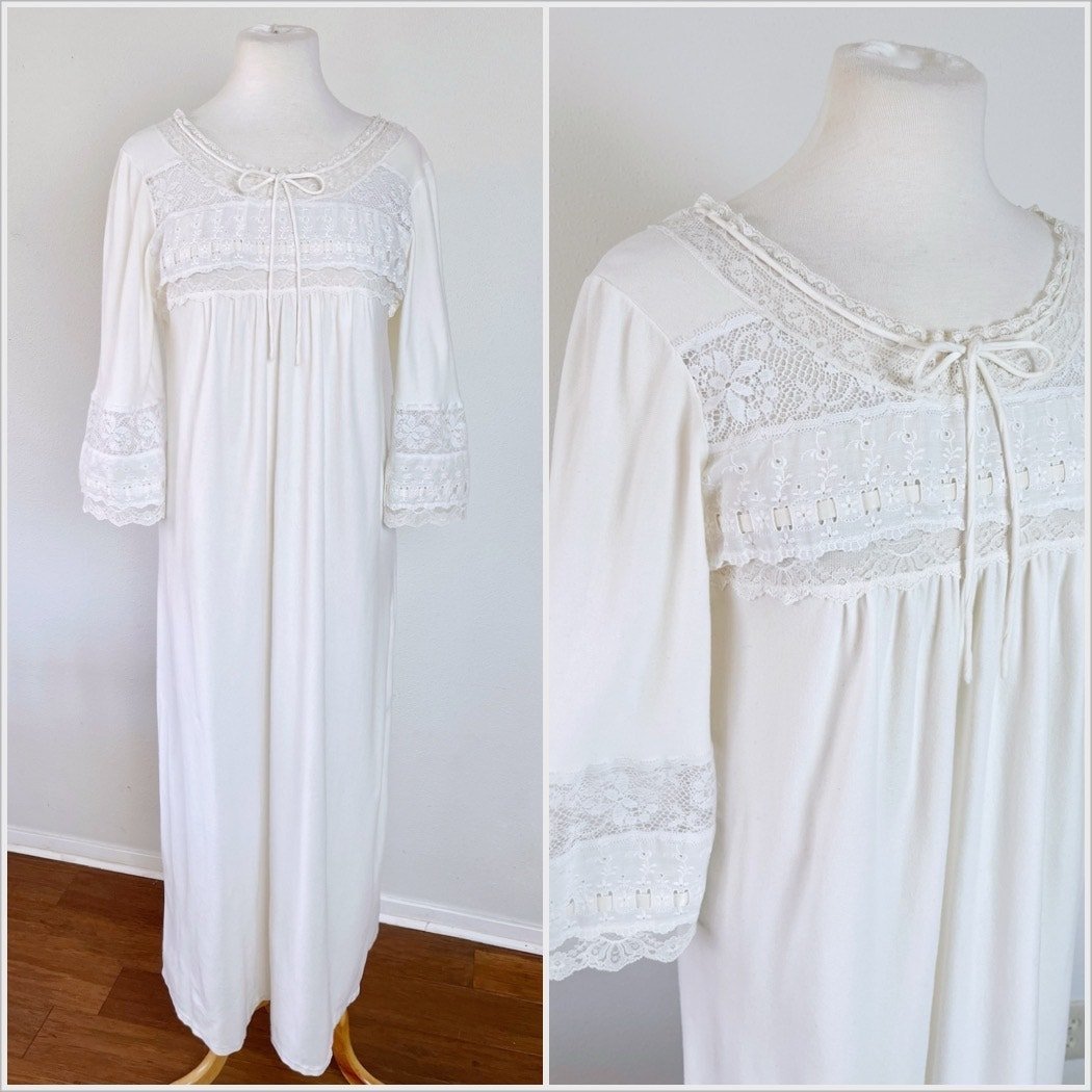 Vintage 70s Christian Dior White Lace Boho Nightgown Dress // Size Large